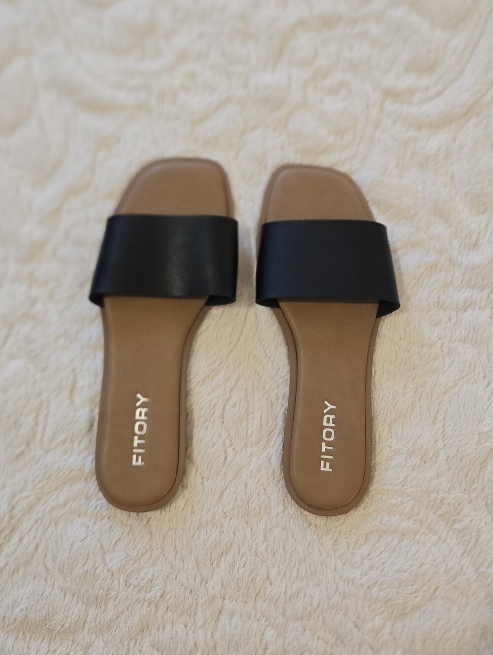 Black Slide Sandals with Tan Footbed